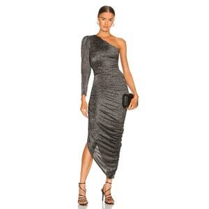 LPA Roksana One Shoulder Asymmetric Midi Dress Womens Size Small Black Silver